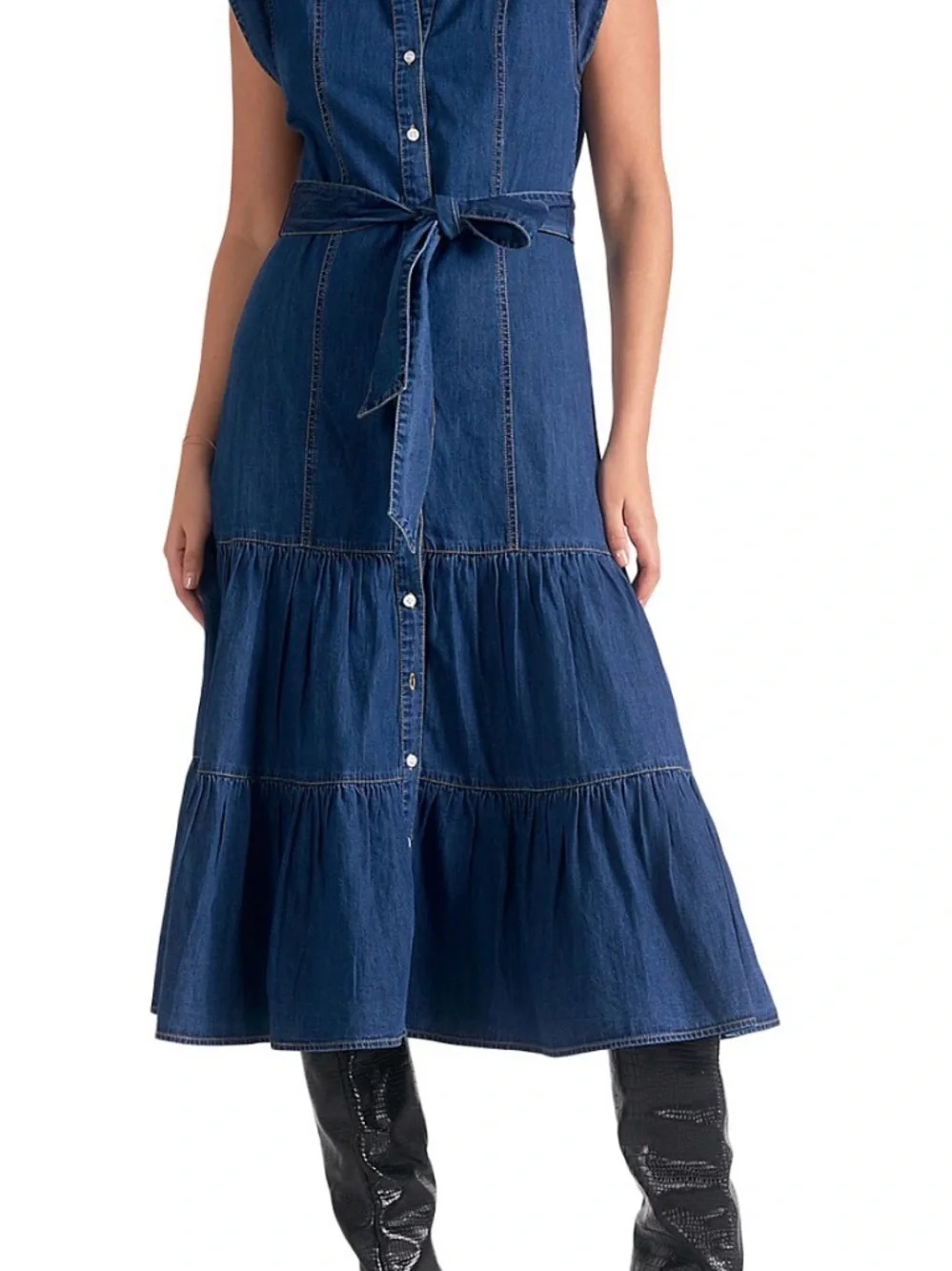 Elan Indigo Denim Tiered Maxi Skirt with Self-Tie Waist - Picture 1 of 9
